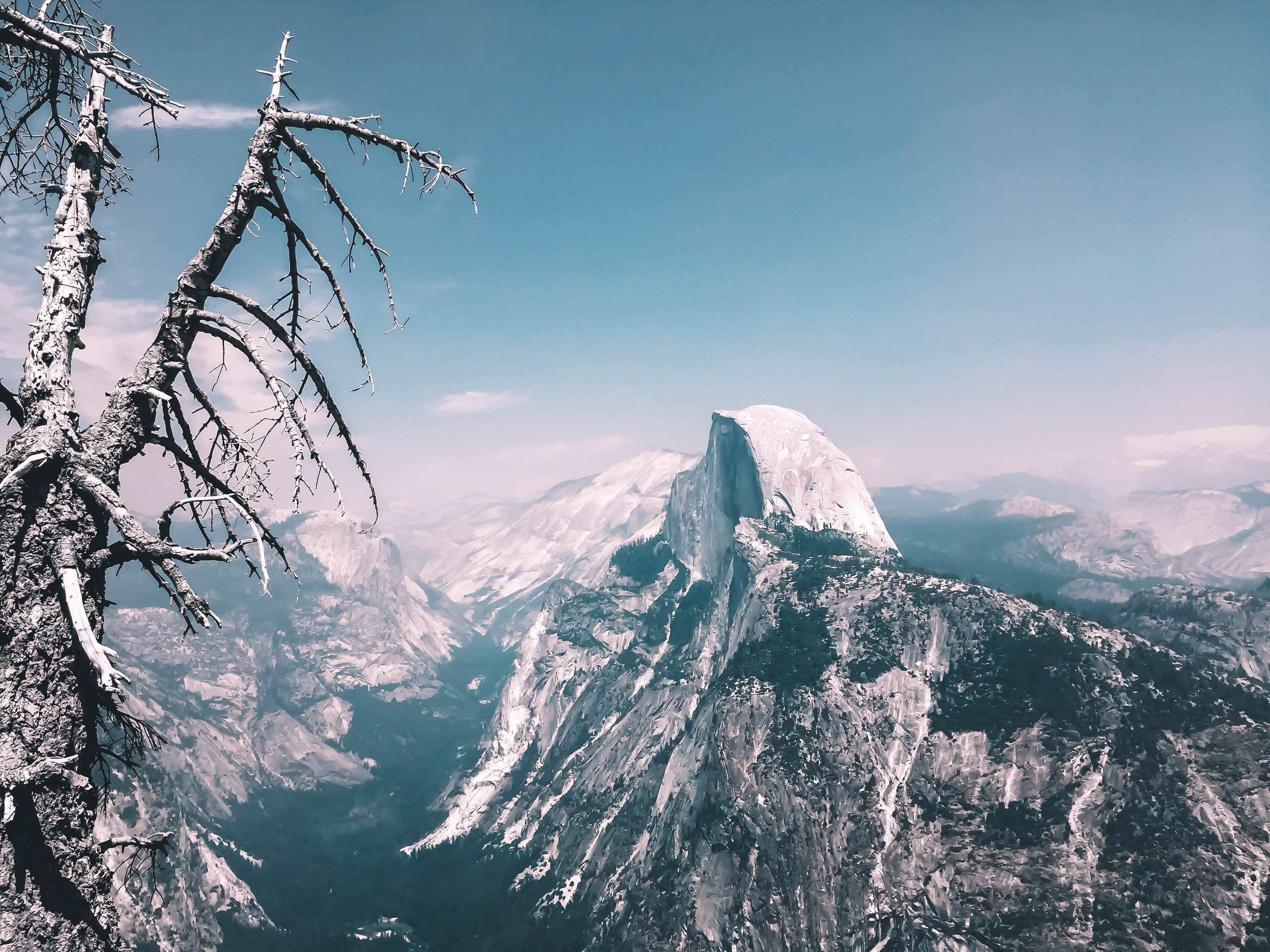 View of the snow capped mountains in Yosemite during winter. 