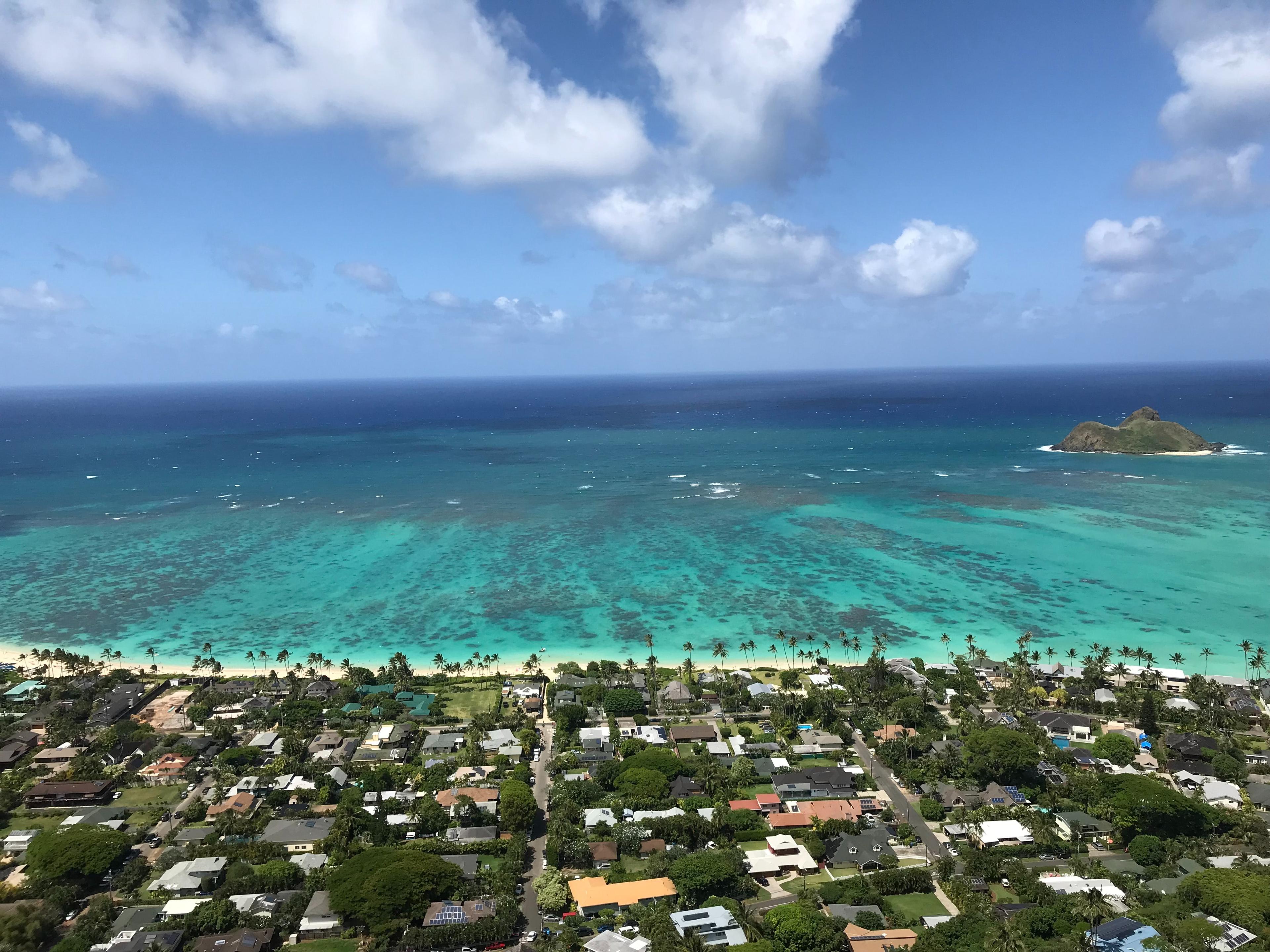 Aerial view of neighborhood near the beach in Kailua.