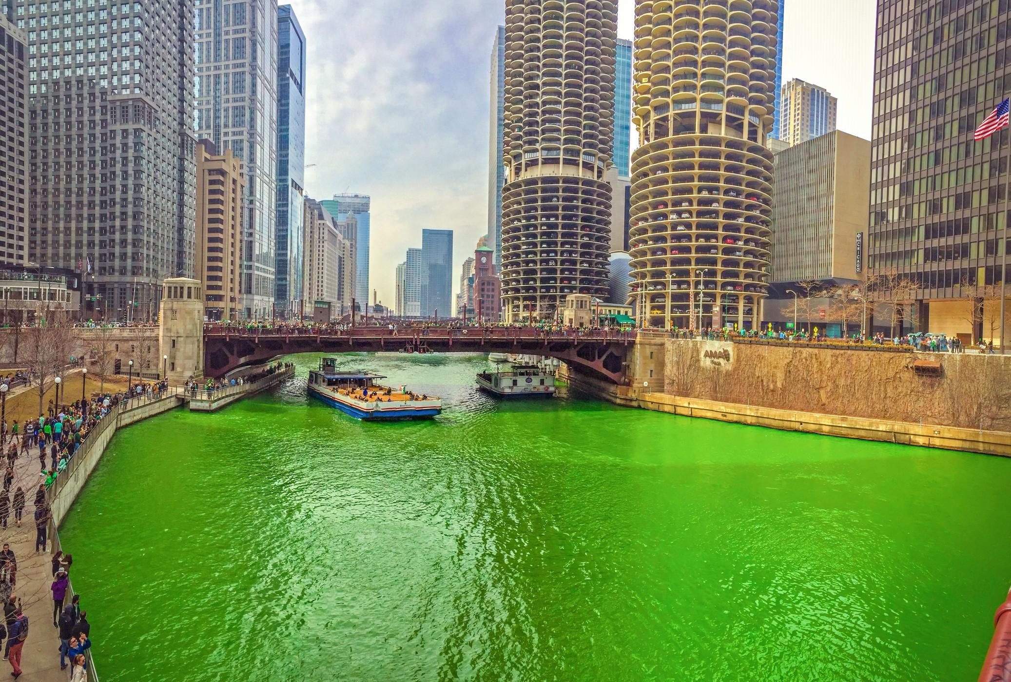 The river in Chicago dyed green for St. Patricks Day.