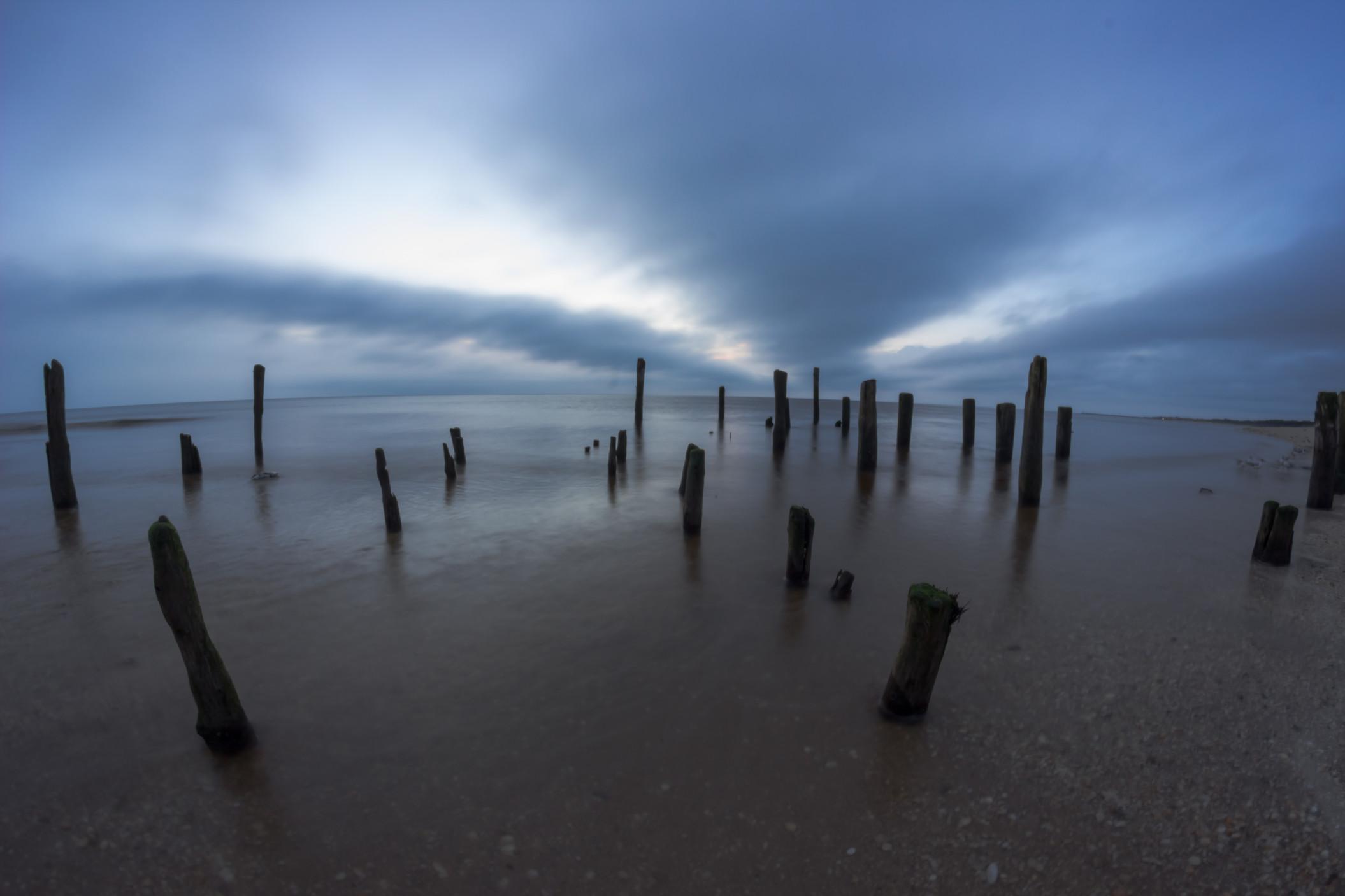 Eerie wooden posts emerging from the murky ocean. 