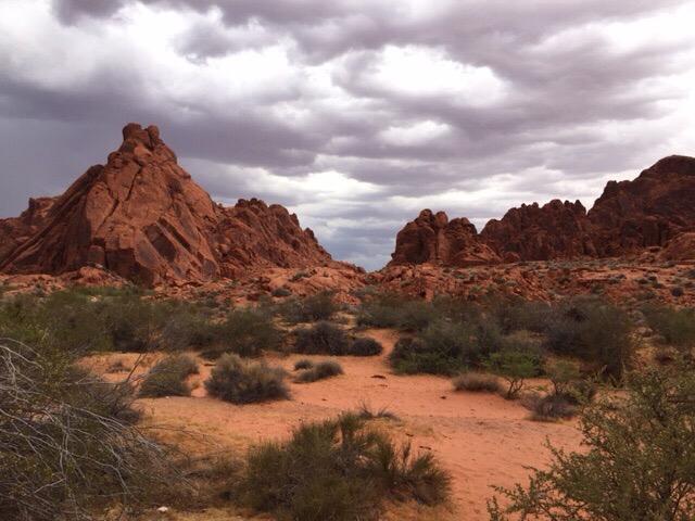 View of the Valley of Fire State park in Nevada, with scrub brush, sandy dirt and mountains with an overcast sky.