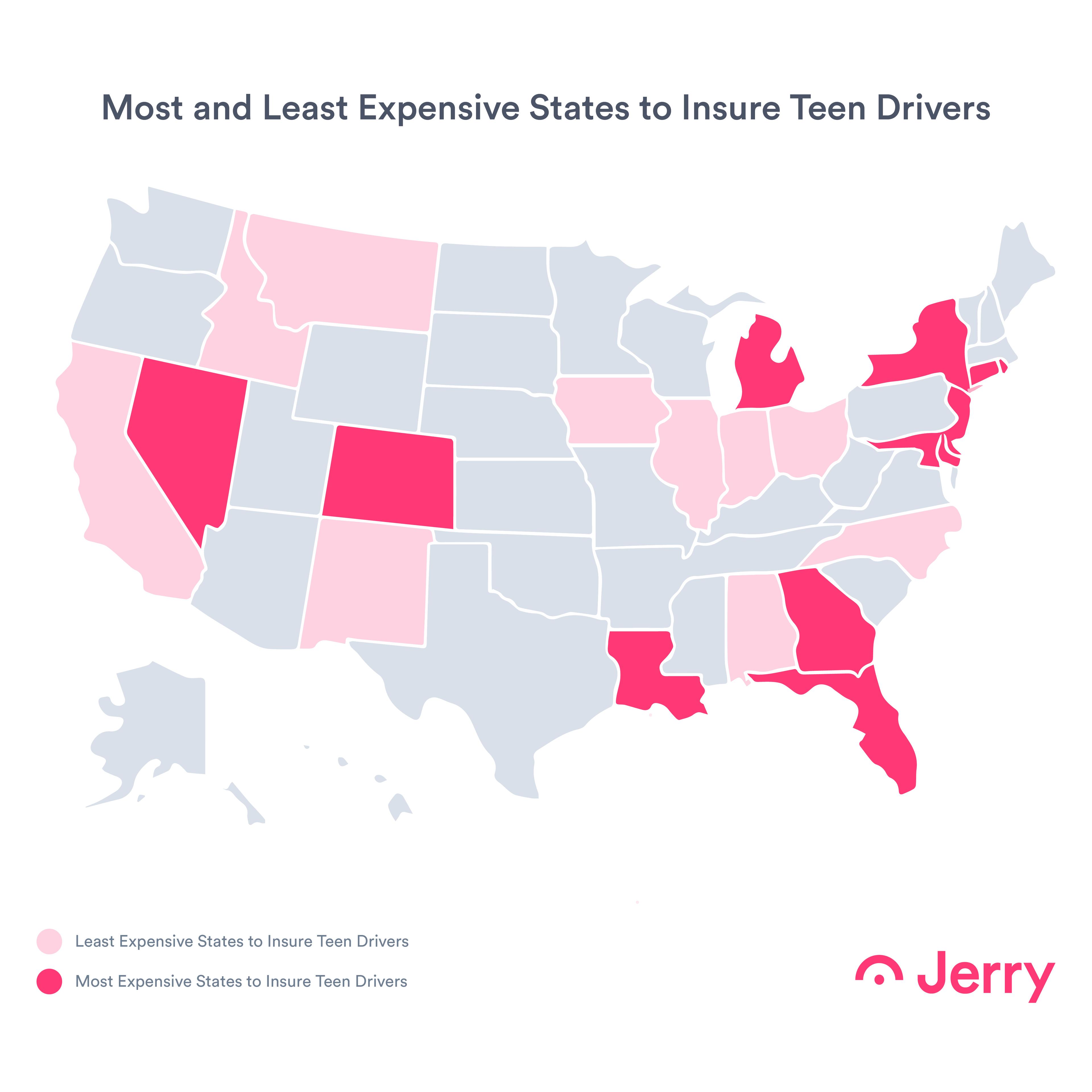 A map highlighting the most and least expensive states for teen driver car insurance