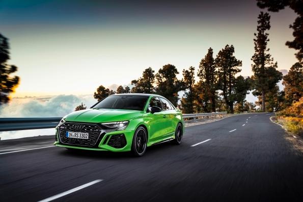 The Audi RS3 has a powerful engine and an aggressive look.